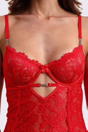 AXTZH Sensual Lace Nightwear for Women with Sheer Detailing and Elegant Cut-Out Accents X4372-RED-SF1N