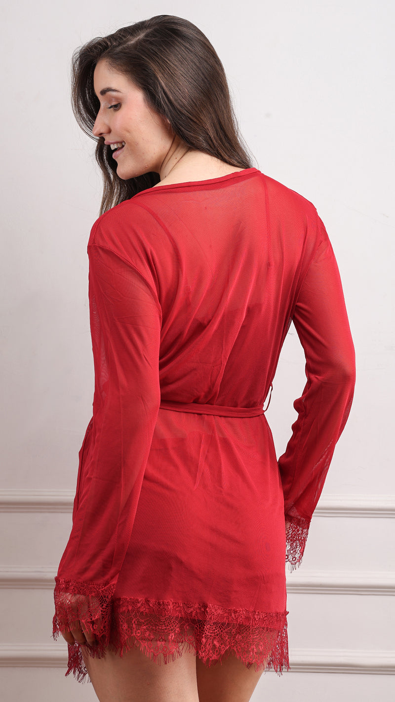 Red Lace Cami, Shorts & Robe 3-Piece Set