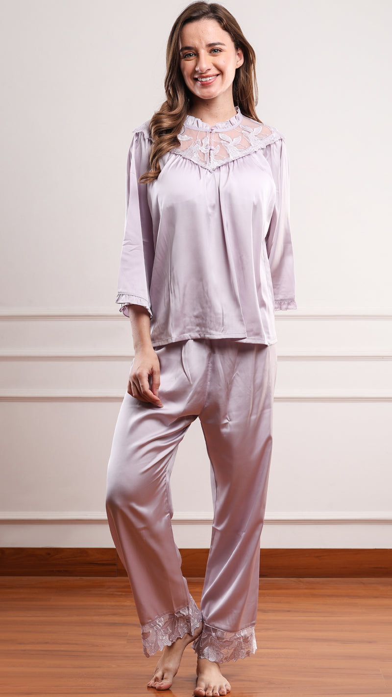 Lavender Lace Yoke Padded Top & Pajama Set