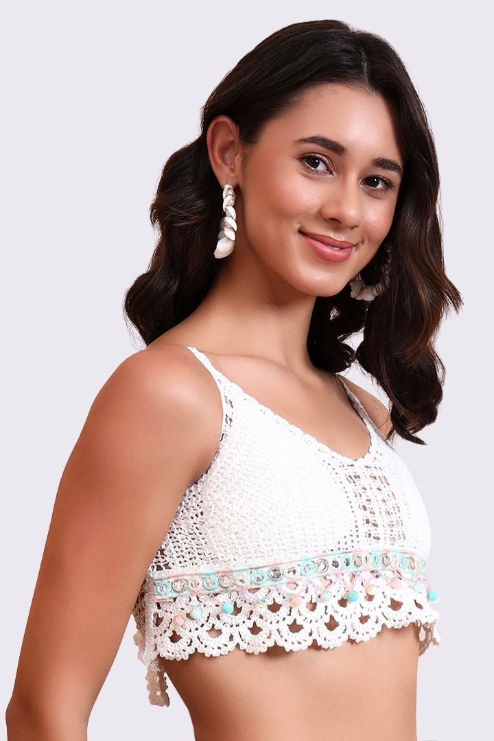 AXTZH Crochet Halter Beachwear Bra Top with Handcrafted Detailing and Playful Design-X0169-WHITE9-BW1PBL