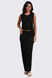 AXTZ Women’s 2-Piece Crochet Beachwear Set Featuring Sleeveless Top and Flowing Maxi Skirt-X2435-BLACK-BW2PF