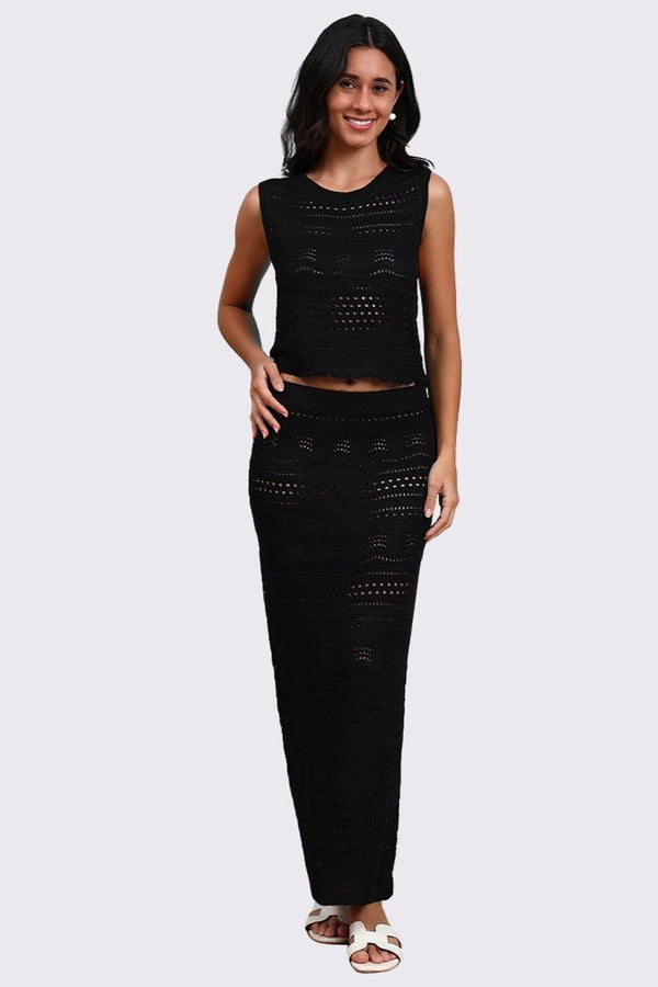 AXTZ Women’s 2-Piece Crochet Beachwear Set Featuring Sleeveless Top and Flowing Maxi Skirt-X2435-BLACK-BW2PF