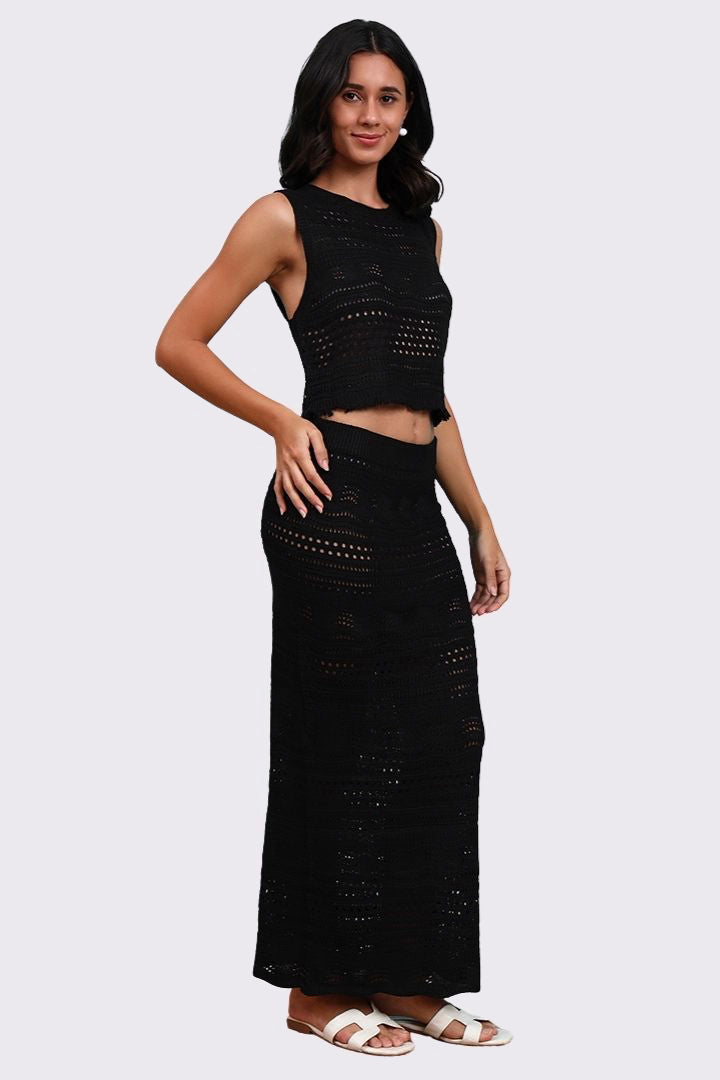 AXTZ Women’s 2-Piece Crochet Beachwear Set Featuring Sleeveless Top and Flowing Maxi Skirt-X2435-BLACK-BW2PF