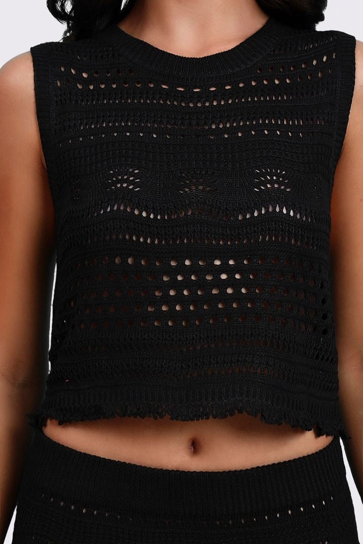 AXTZ Women’s 2-Piece Crochet Beachwear Set Featuring Sleeveless Top and Flowing Maxi Skirt-X2435-BLACK-BW2PF