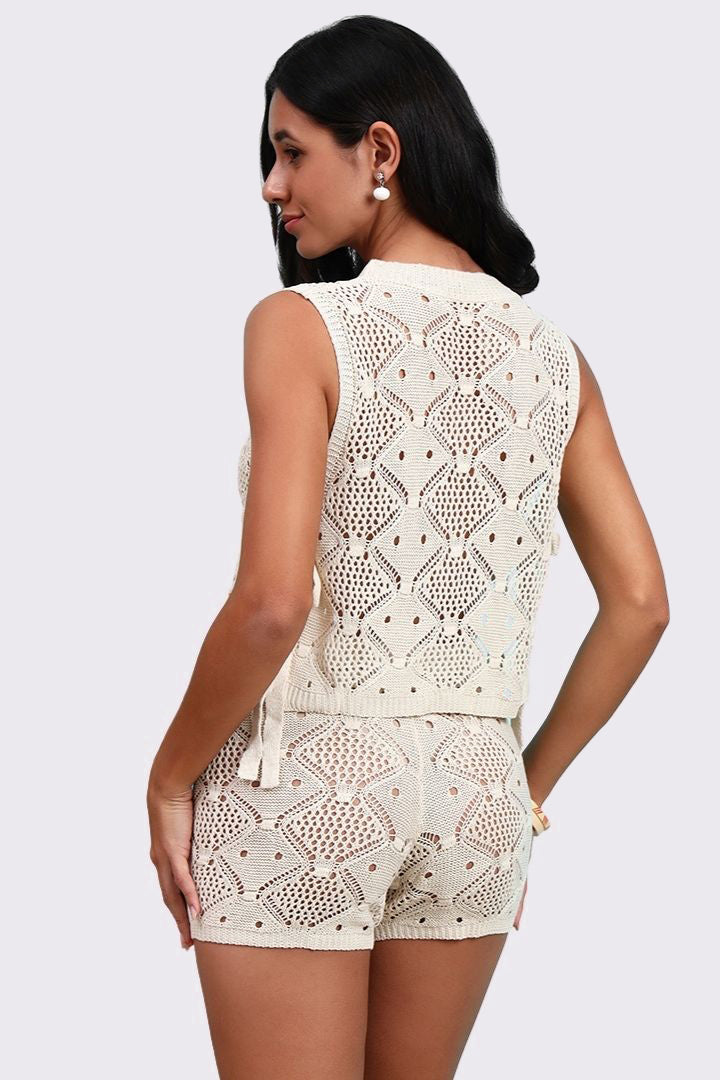 AXTZH Two-Piece Women’s Crochet Beachwear Set with Relaxed Fit Top and Drawstring Shorts-X2650-BEIGE-BW2PS