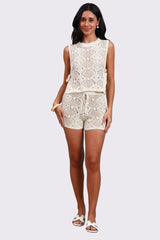 AXTZH Two-Piece Women’s Crochet Beachwear Set with Relaxed Fit Top and Drawstring Shorts-X2650-BEIGE-BW2PS