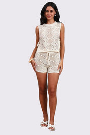 AXTZH Two-Piece Women’s Crochet Beachwear Set with Relaxed Fit Top and Drawstring Shorts-X2650-BEIGE-BW2PS