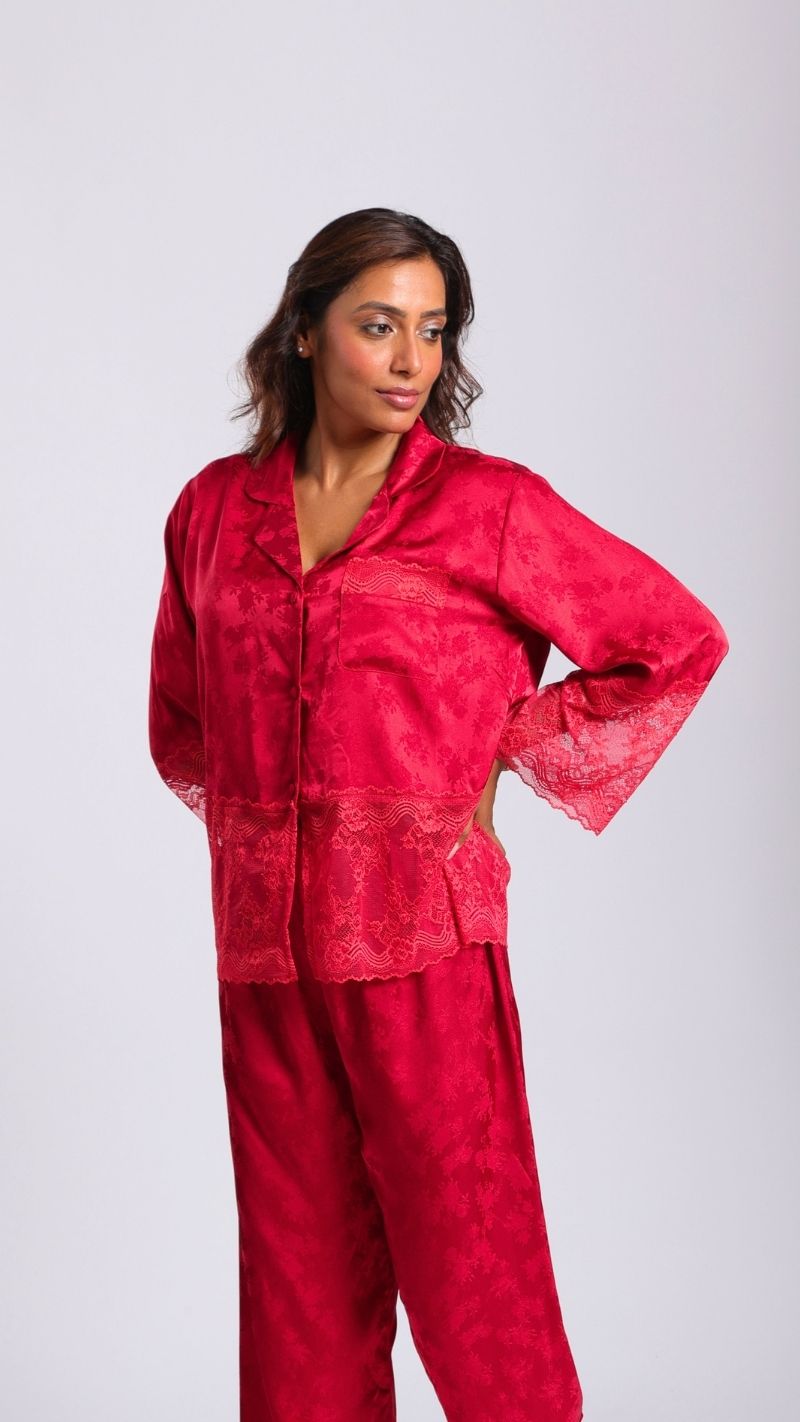 Scarlet Satin Lace-Trim Night Suit Set