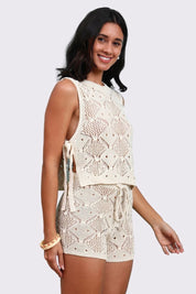 AXTZH Two-Piece Women’s Crochet Beachwear Set with Relaxed Fit Top and Drawstring Shorts-X2650-BEIGE-BW2PS