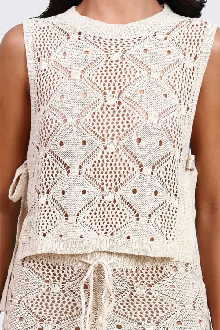 AXTZH Two-Piece Women’s Crochet Beachwear Set with Relaxed Fit Top and Drawstring Shorts-X2650-BEIGE-BW2PS