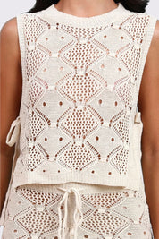 AXTZH Two-Piece Women’s Crochet Beachwear Set with Relaxed Fit Top and Drawstring Shorts-X2650-BEIGE-BW2PS