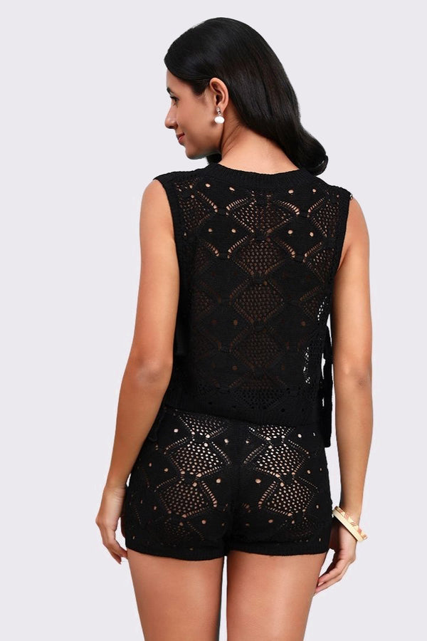 AXTZH Two-Piece Women’s Crochet Beachwear Set with Relaxed Fit Top and Drawstring Shorts-X2650-BLACK-BW2PS