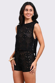 AXTZH Two-Piece Women’s Crochet Beachwear Set with Relaxed Fit Top and Drawstring Shorts-X2650-BLACK-BW2PS