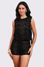 AXTZH Two-Piece Women’s Crochet Beachwear Set with Relaxed Fit Top and Drawstring Shorts-X2650-BLACK-BW2PS
