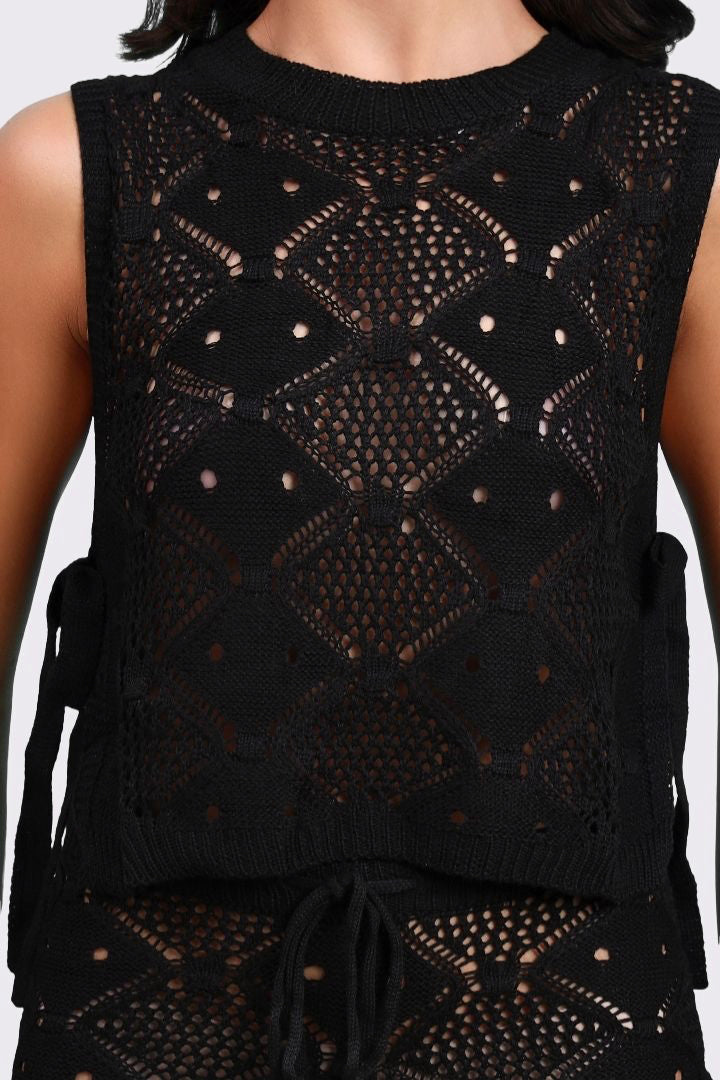 AXTZH Two-Piece Women’s Crochet Beachwear Set with Relaxed Fit Top and Drawstring Shorts-X2650-BLACK-BW2PS