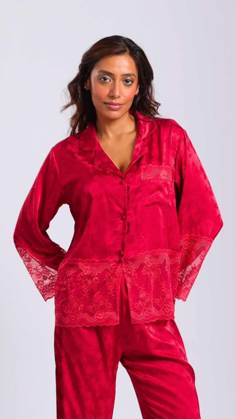 Scarlet Satin Lace-Trim Night Suit Set