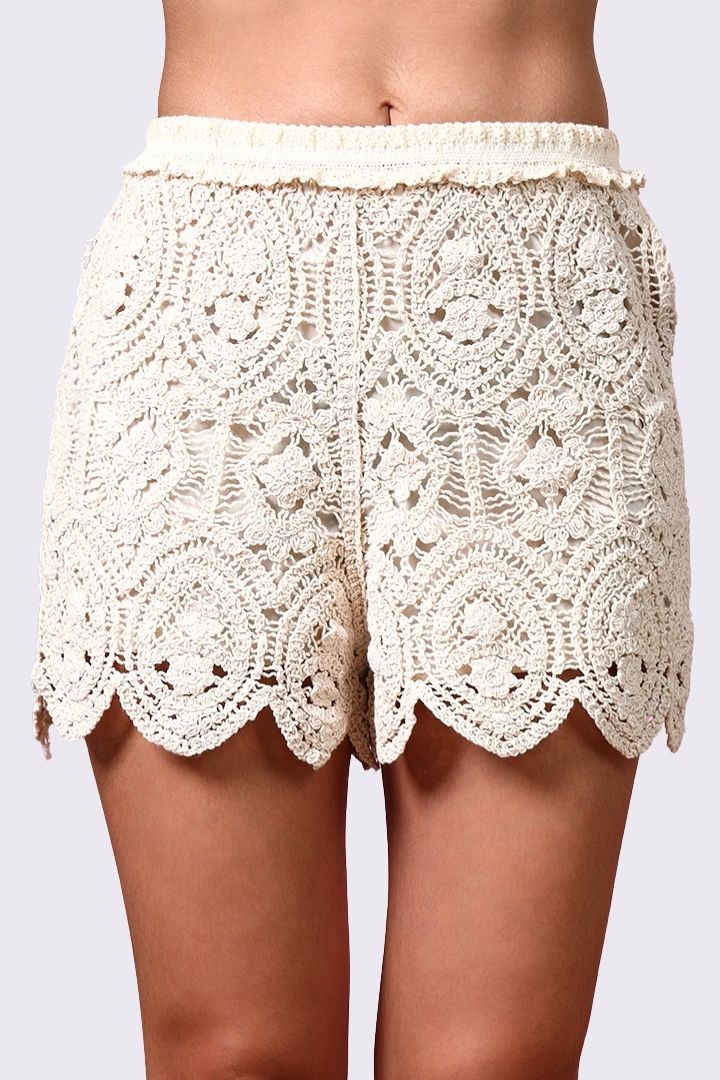 AXTZH Crochet Beachwear Shorts with Handcrafted Detailing and Scalloped Hemline-X0228-BEIGE-BW1PST