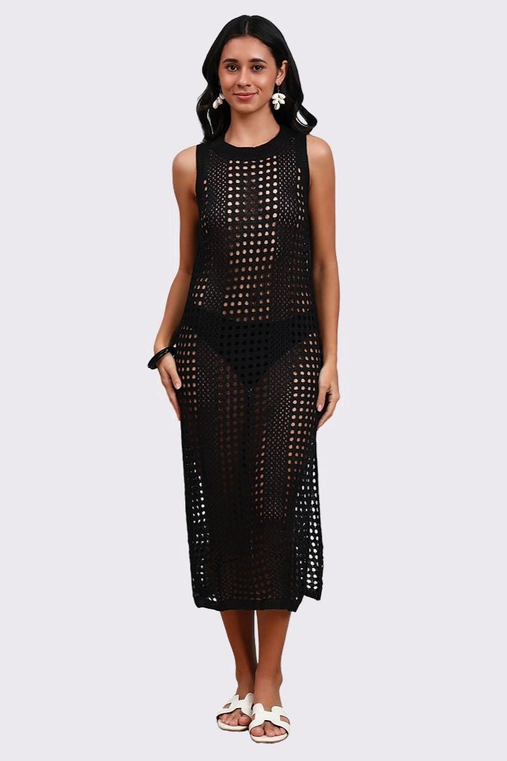 AXTZH Lightweight Sarong-Inspired Beachwear with Open Weave Detailing-X4033-BLACK-SNGB1