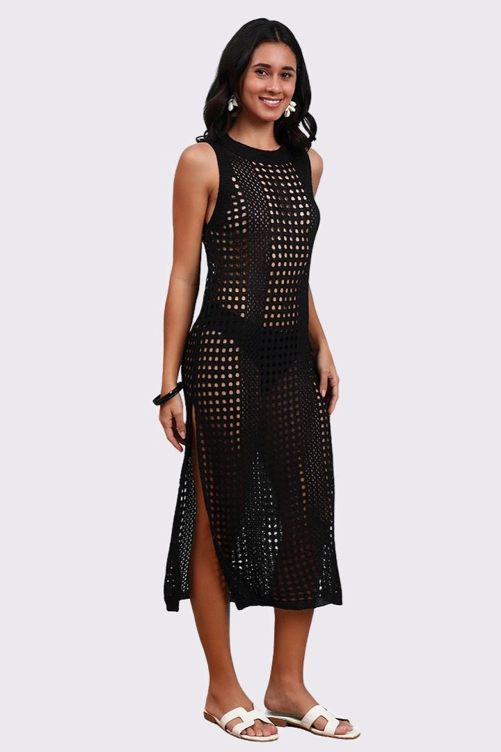 AXTZH Lightweight Sarong-Inspired Beachwear with Open Weave Detailing-X4033-BLACK-SNGB1