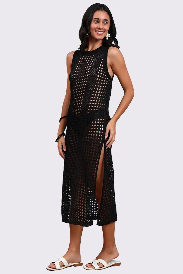 AXTZH Lightweight Sarong-Inspired Beachwear with Open Weave Detailing-X4033-BLACK-SNGB1