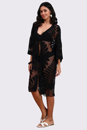 AXTZH Elegant Beachwear Cover-Up Featuring Intricate Patterns and Lightweight Drape-X0808-BLACK-SNGA2