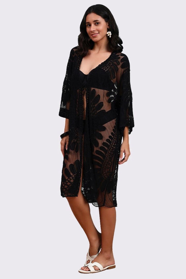 AXTZH Elegant Beachwear Cover-Up Featuring Intricate Patterns and Lightweight Drape-X0808-BLACK-SNGA2