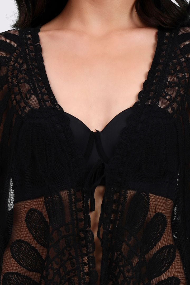 AXTZH Elegant Beachwear Cover-Up Featuring Intricate Patterns and Lightweight Drape-X0808-BLACK-SNGA2