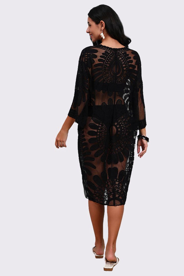 AXTZH Elegant Beachwear Cover-Up Featuring Intricate Patterns and Lightweight Drape-X0808-BLACK-SNGA2