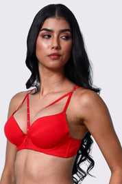 AXTZH Strappy Plunge Bra with Underwire Support and Statement Front Detailing AB2802-RED-DP201