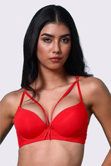 AXTZH Strappy Plunge Bra with Underwire Support and Statement Front Detailing AB2802-RED-DP201