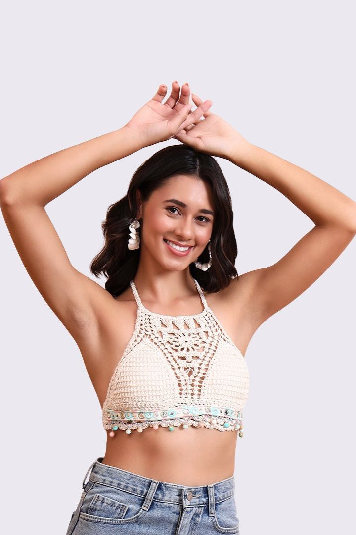 AXTZH Crochet Halter Beachwear Bra Top with Handcrafted Detailing and Playfu-X0169-BEIGE7-BW1PBL