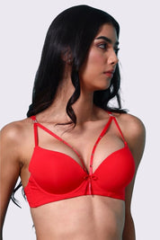 AXTZH Strappy Plunge Bra with Underwire Support and Statement Front Detailing AB2802-RED-DP201
