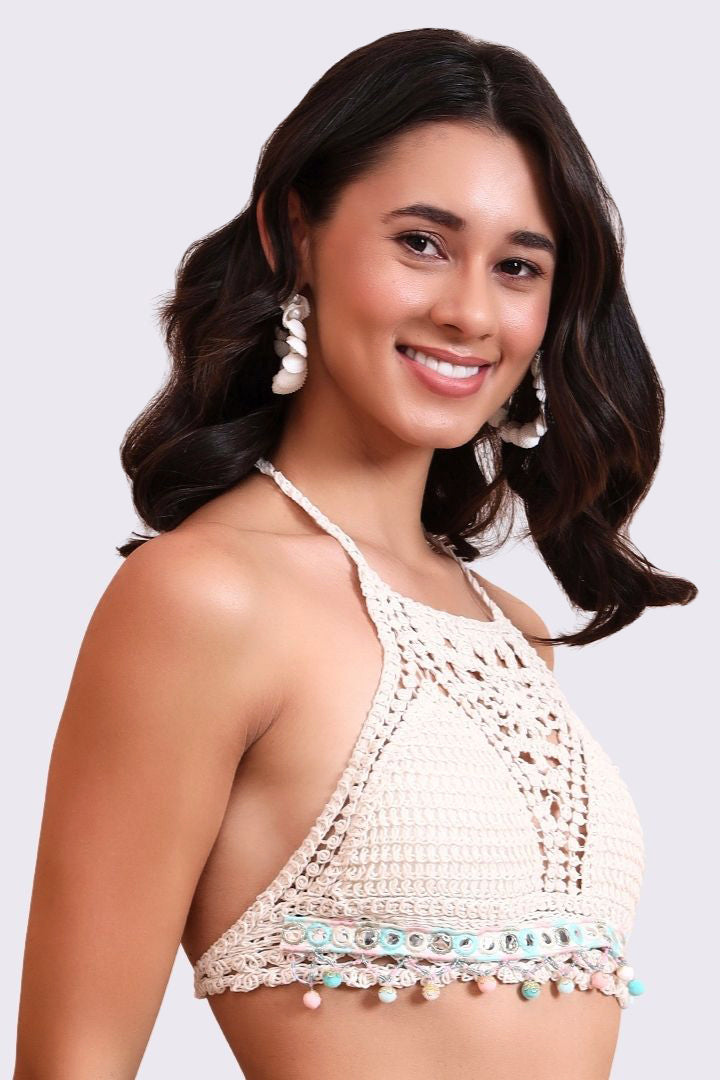 AXTZH Crochet Halter Beachwear Bra Top with Handcrafted Detailing and Playfu-X0169-BEIGE7-BW1PBL