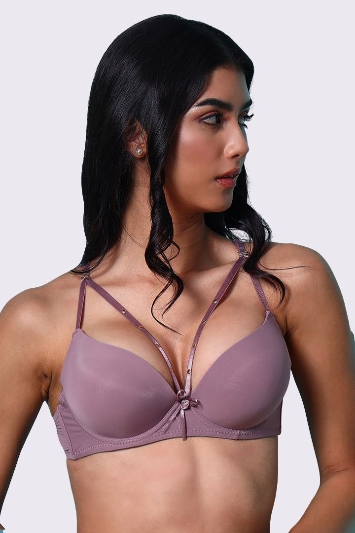 AXTZH Strappy Plunge Bra with Underwire Support and Statement Front Detailing AB2802-MAUVE-DP201