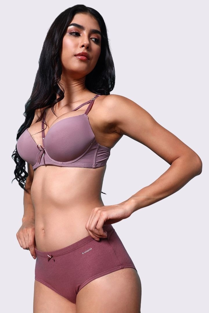 AXTZH Strappy Plunge Bra with Underwire Support and Statement Front Detailing AB2802-MAUVE-DP201