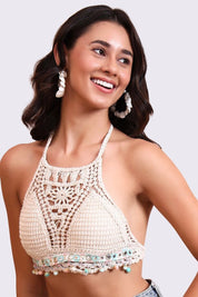AXTZH Crochet Halter Beachwear Bra Top with Handcrafted Detailing and Playfu-X0169-BEIGE7-BW1PBL