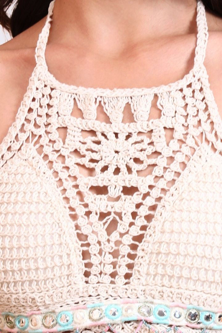 AXTZH Crochet Halter Beachwear Bra Top with Handcrafted Detailing and Playfu-X0169-BEIGE7-BW1PBL