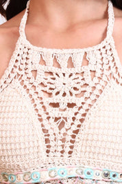 AXTZH Crochet Halter Beachwear Bra Top with Handcrafted Detailing and Playfu-X0169-BEIGE7-BW1PBL