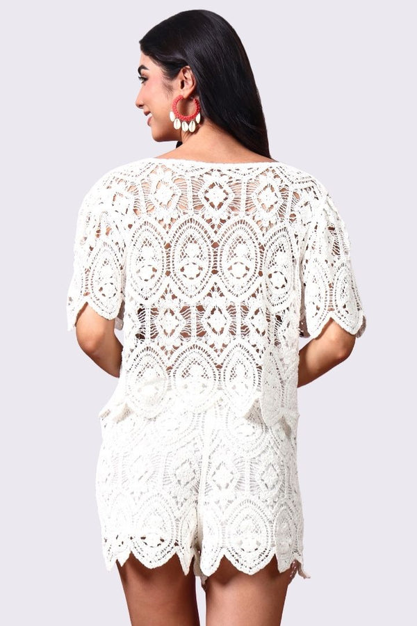 AXTZH Crochet Beachwear Shorts with Handcrafted Detailing and Scalloped Hemline-X0228-WHITE-BW1PST