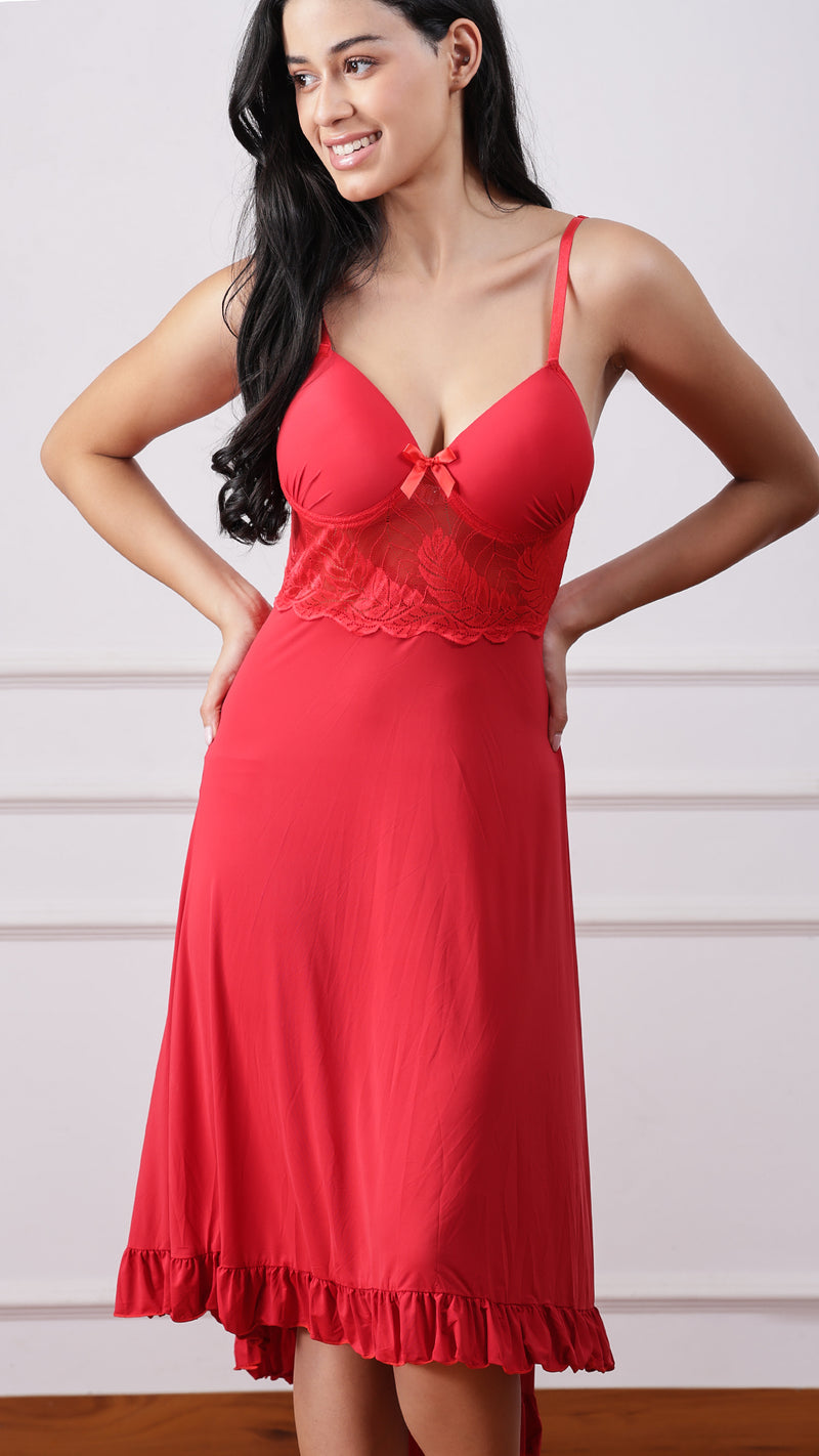 Woman posing in red padded-cup nightdress with lace panel