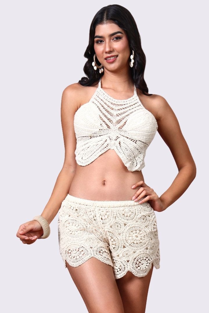 AXTZH Feminine Crochet Resort Shorts Featuring Intricate Weave and Lightweight Comfort-X0345-BEIGE1-BW1PST
