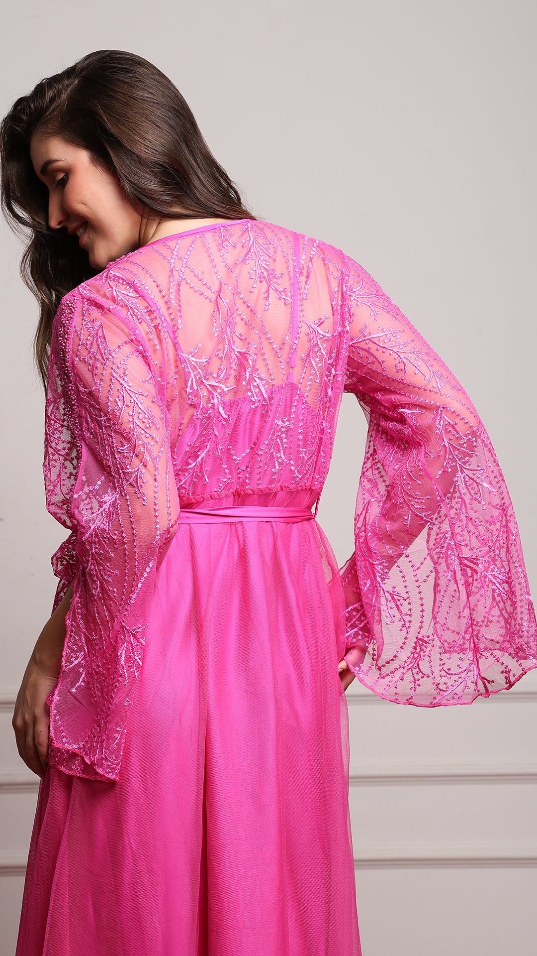 Fuchsia  Satin Nighty & Robe Set with Beaded Sleeves