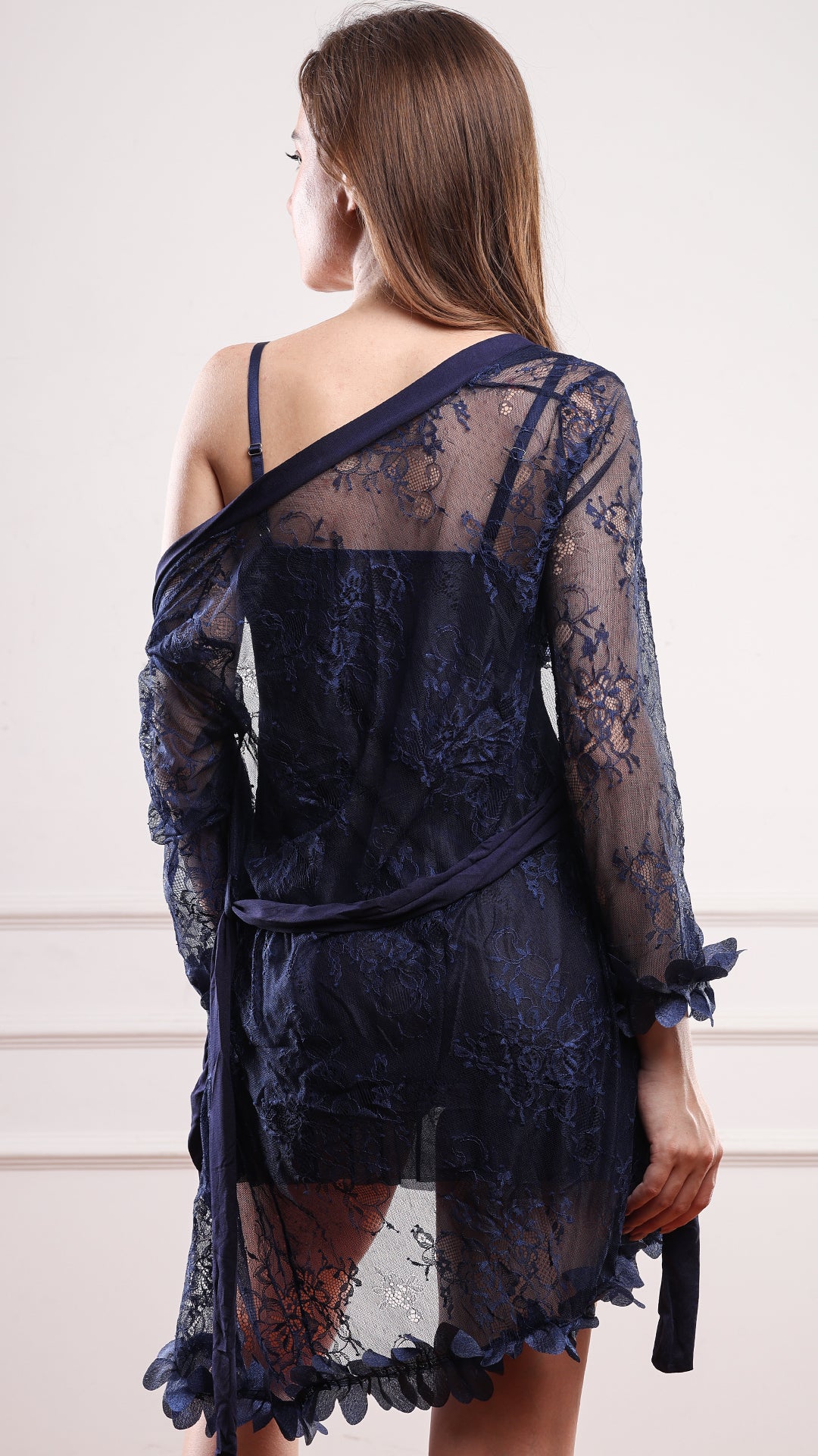 Navy Lace Babydoll & Robe Set with Wired Sheer Cups