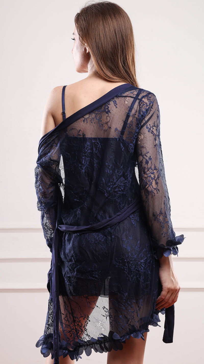 Navy Lace Babydoll & Robe Set with Wired Sheer Cups