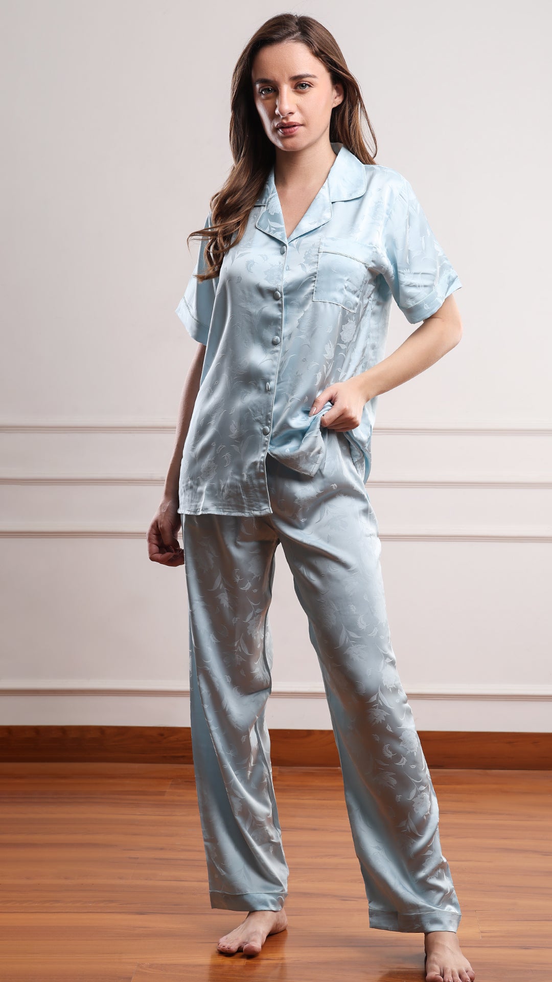 Three-piece satin bridal pajama set with shirt and full-length pants