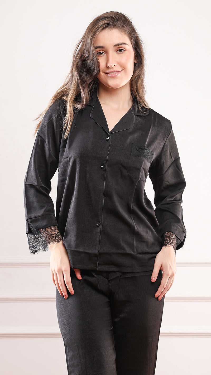 Black Silk Satin Pajama Set I Lace Trim Nightwear