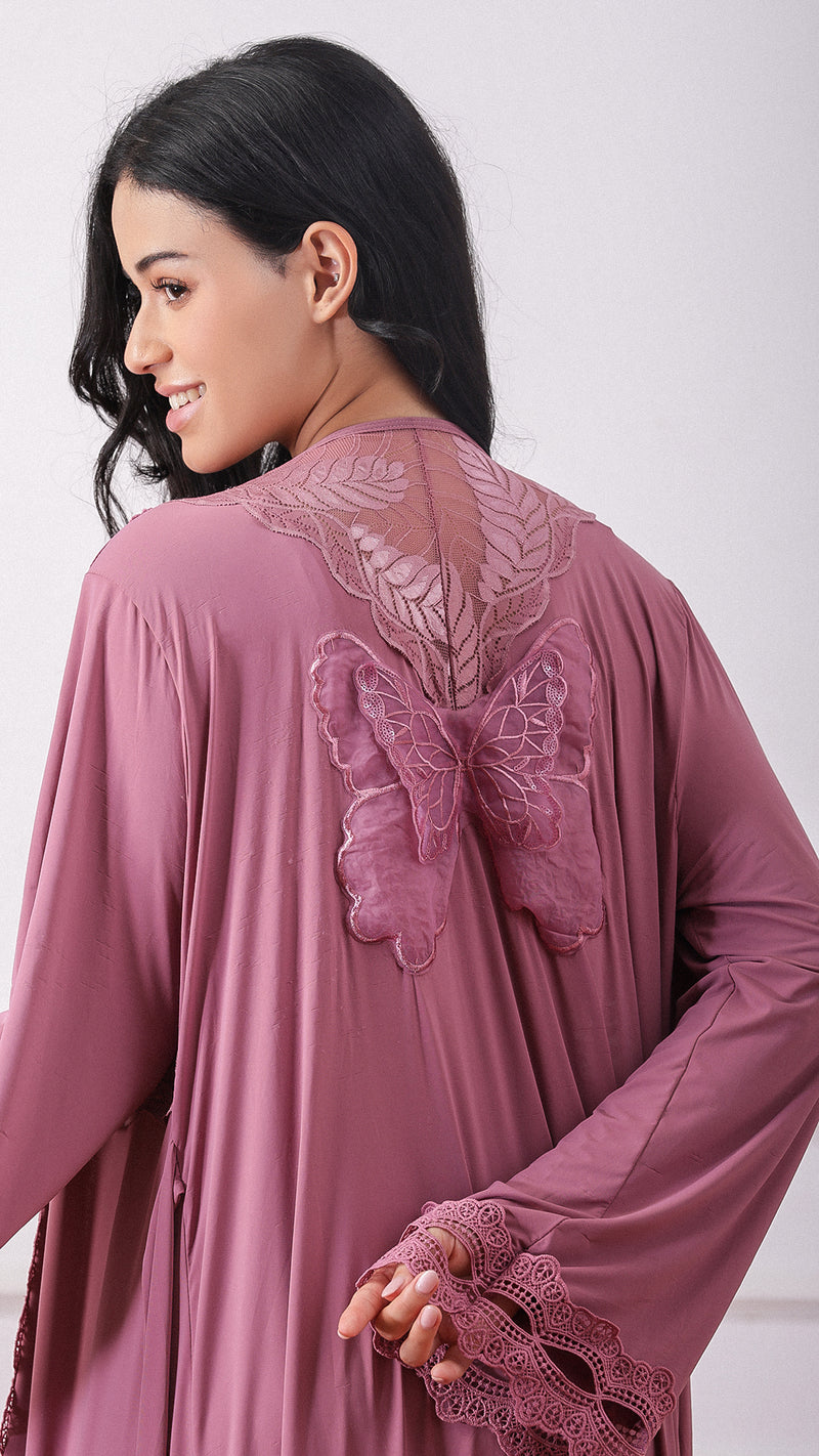 Back view of mauve robe with lace trim and butterfly applique detail