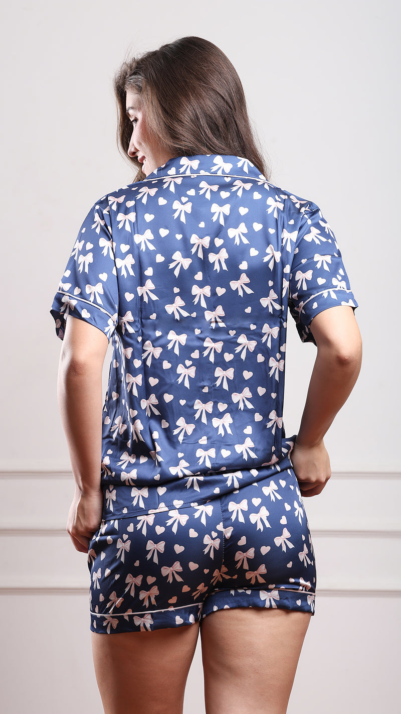 Navy Bow Print Satin 3pc Set – Shirt, Shorts & Pant