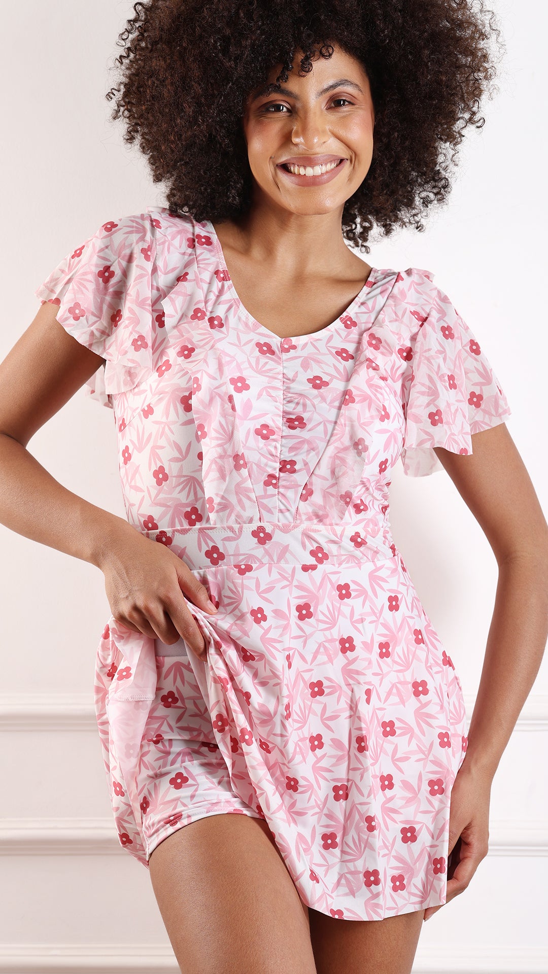 Floral Print Flutter Sleeve Beach Dress
