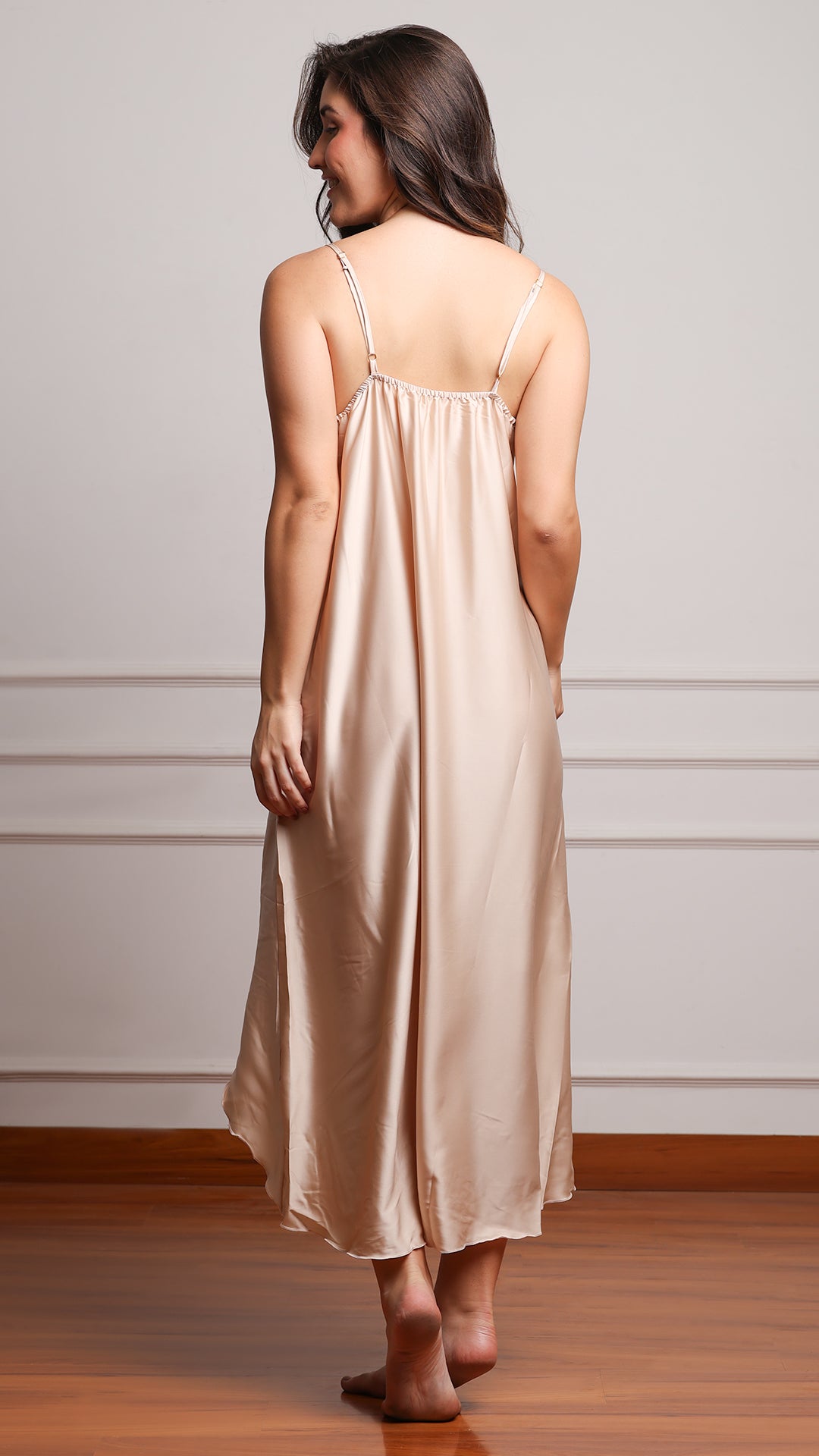 Champagne Satin Nighty & Robe Set with Beaded Sleeves